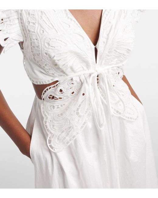 Farm Rio White Broderie Anglaise Cotton Midi Dress