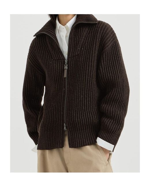 Brunello Cucinelli Black Sparkling Dazzling Cashmere And Wool Ribbed Cardigan With Shiny Zipper Pull