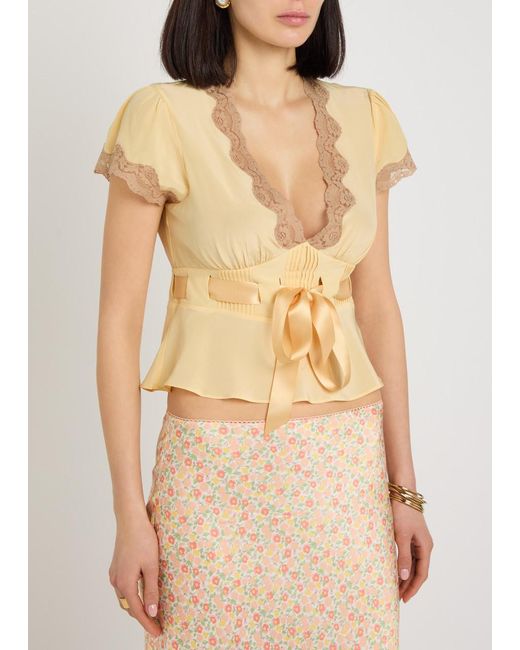 Rixo Yellow Lace-Trim Silk Top
