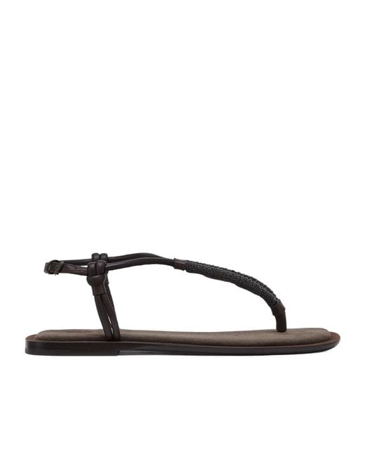 Brunello Cucinelli Brown Embellished Strap Flip-Flops