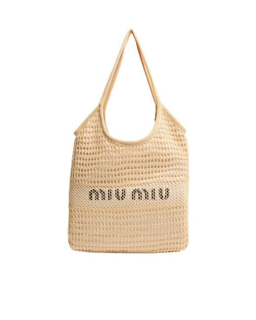 トートバッグ MIU MIU IVY CROCHET TOTE BAG Ivy logo striped crochet tote bag in blue - Miu Miu | Mytheresa