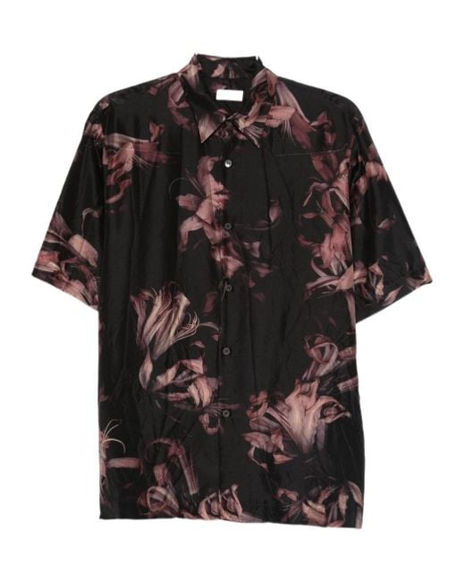 Dries Van Noten Black Short-Sleeved Silk Shirt With Floral Print for men