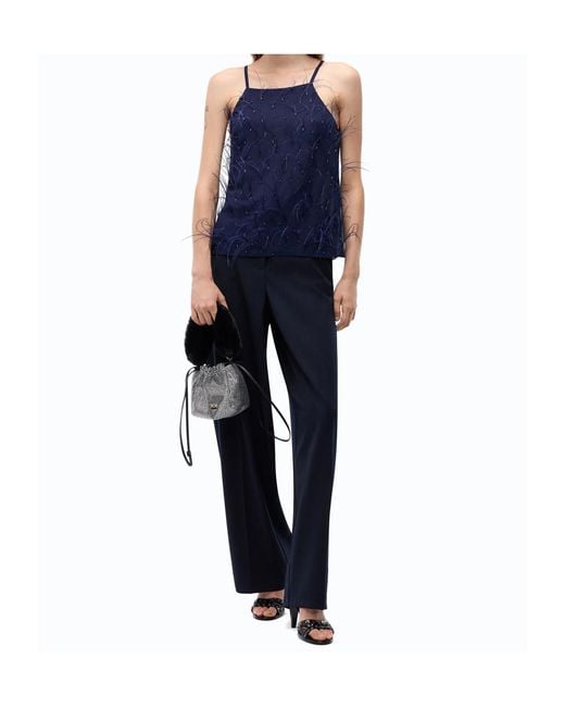 Pinko Blue Feather-Trim Sequin-Embellished Top