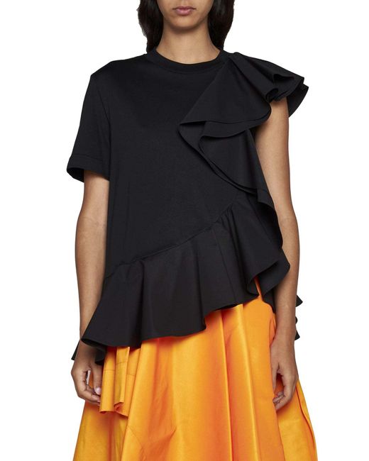 McQueen Black Asymmetric Ruffled Crewneck Top