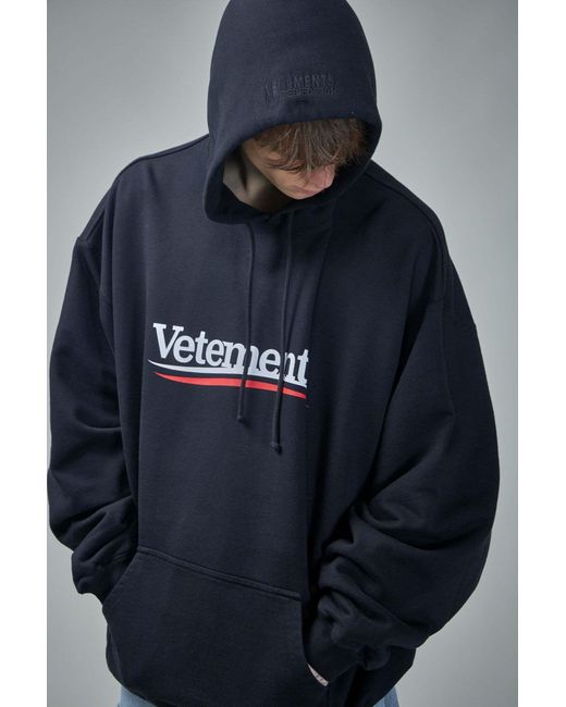 Vetements Blue Logo Printed Drawstring Hoodie for men