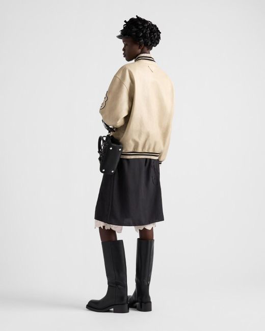 Prada Natural Leather Bomber Jacket With Patch