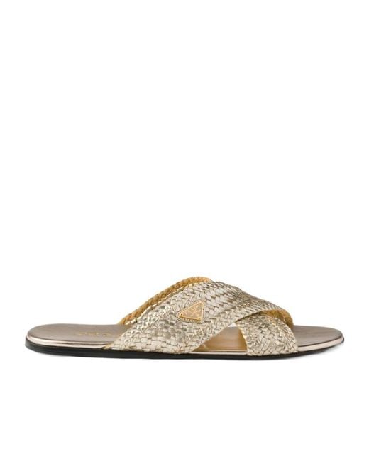 Prada Multicolor Triangle-Logo Woven Slip-On Sandals