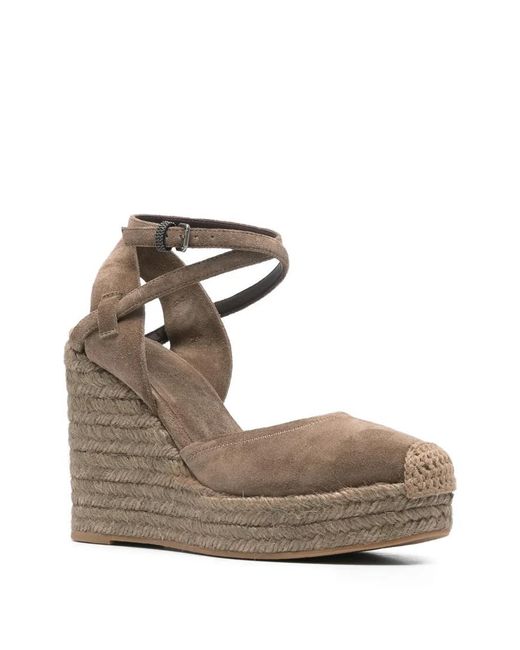 Brunello Cucinelli Gray Exquisite Lace-Up Wedge Espadrilles
