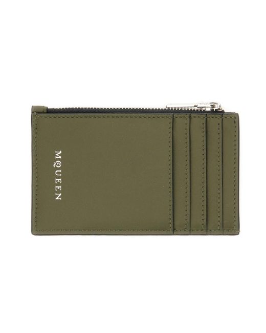 McQueen Green Skull Printed Zip-Up Cardholder for men