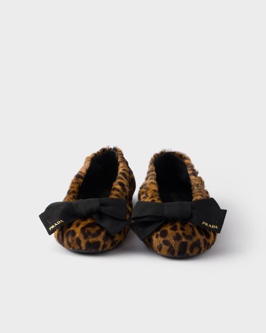 Prada Brown Printed Leather Ballerinas With Bow