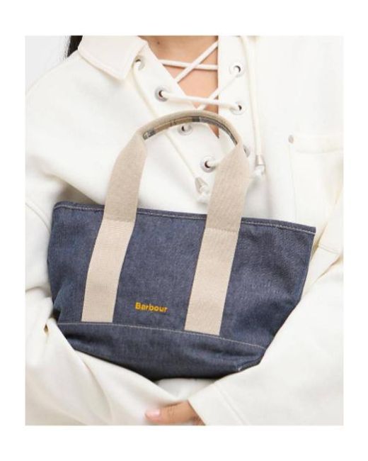 Barbour Blue Mini Mya Tartan-Detail Denim Tote Bag