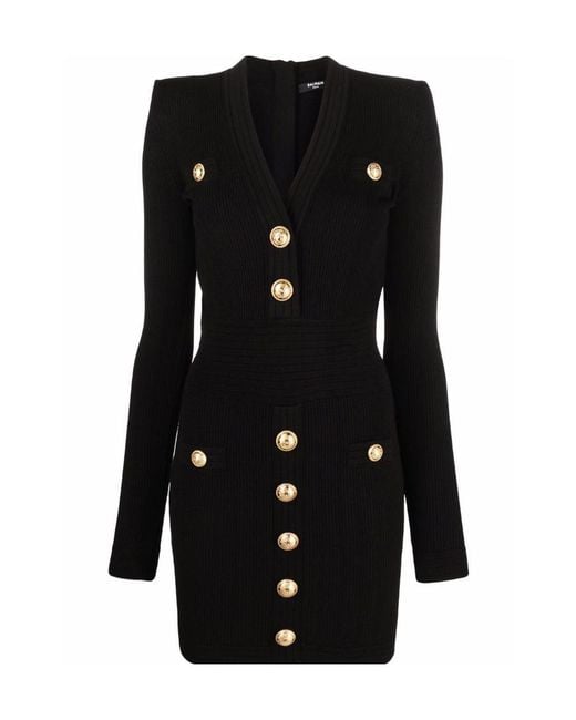Balmain Black Logo-Button Ribbed Mini Dress