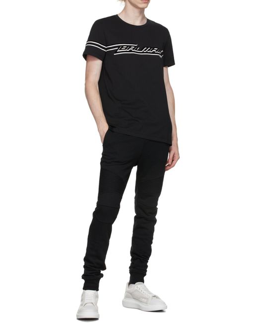Balmain Black Flocked Cotton T-Shirt With Logo Print for men