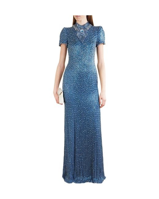Jenny Packham Blue Embellished Crepe Gown