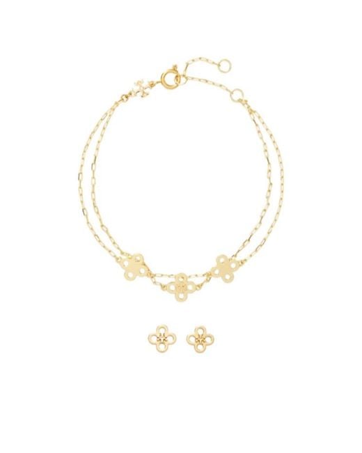 Tory Burch Metallic Clover-Logo Earrings And Bracelet Set