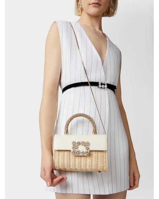Roger Vivier White Wicker Jewel Mini Flower Strass Buckle Clutch Bag