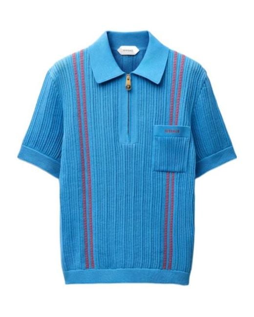 Versace Blue Logo-Embroidered Knitted Polo Shirt for men