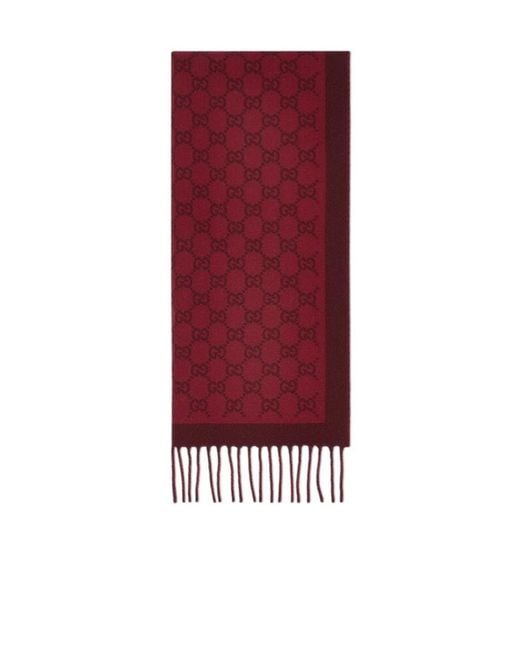 Gucci Red Gg Fringe Detailed Knitted Scarf