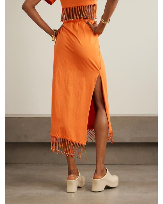 Rabanne Orange Fringe-Decorated Pleated Midi Skirt
