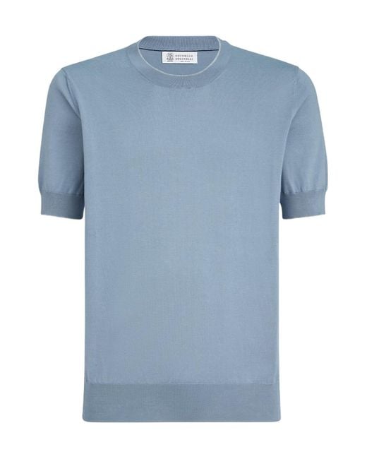Brunello Cucinelli Blue Knitted T-Shirt for men