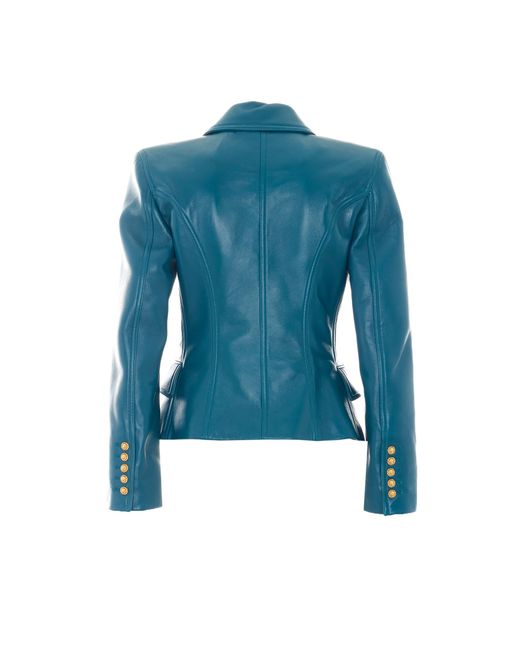 Balmain Blue Double-Breasted Leather Blazer