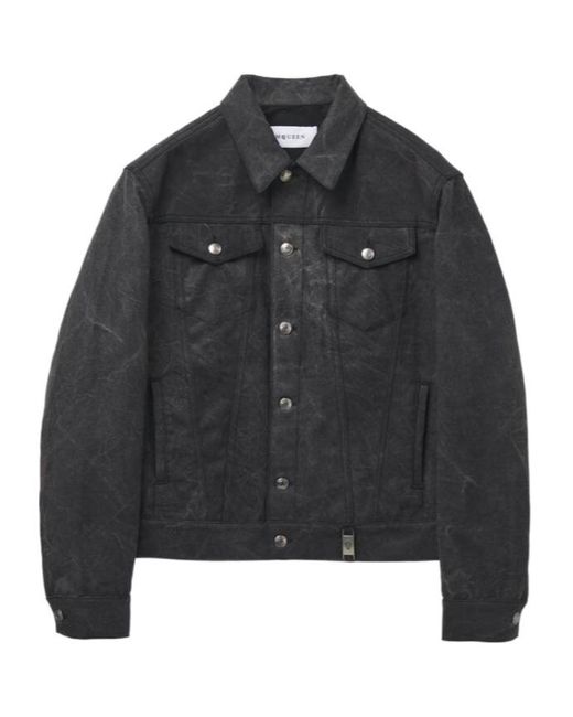 McQueen Black Buttoned Trucker Denim Jacket for men