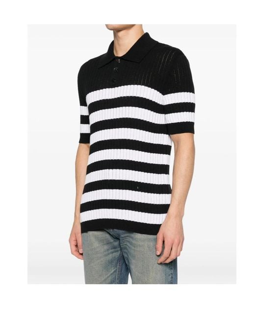 Balmain Black Stripe Patterned Short-Sleeve Knit Polo Shirt for men