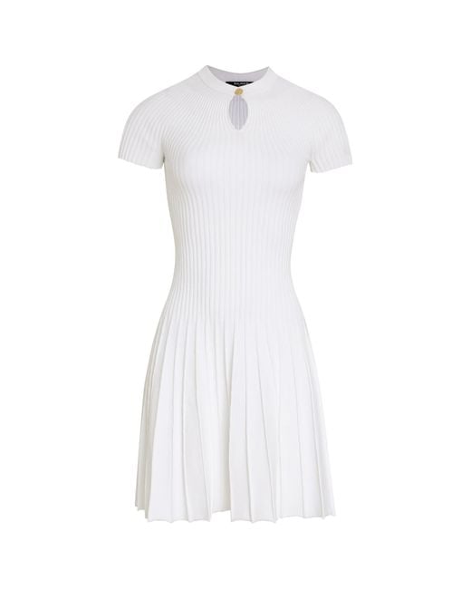 Balmain White Pleated Ribbed-Knit Mini Dress