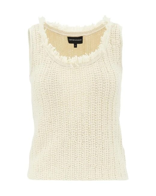 Emporio Armani Natural Frayed-Neck Knitted Top