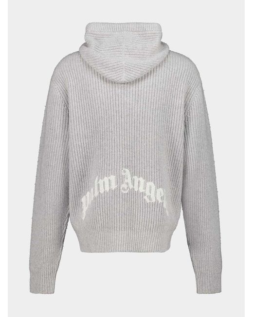 Palm Angels Gray Curved-Logo Ribbed-Knit Hoodie for men