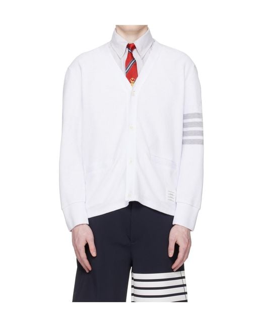 Thom Browne White Four-Striped Knit Cardigan for men