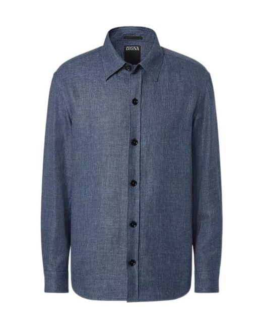 Zegna Blue Textured Long-Sleeve Shirt for men
