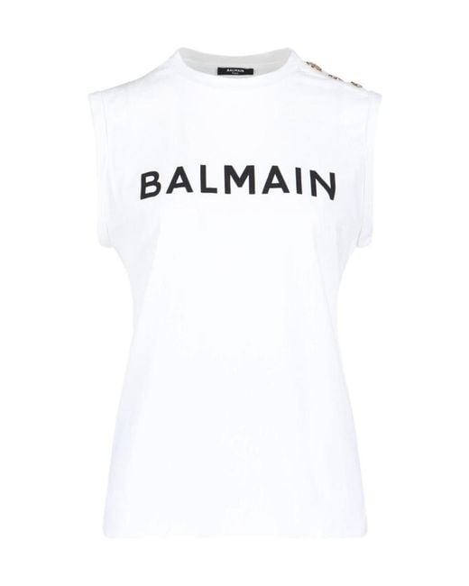 Balmain White Logo Printed Sleeveless Top