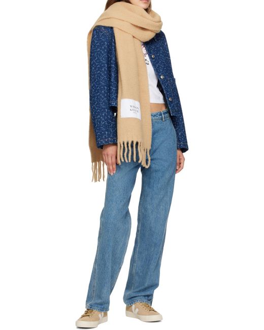 Maison Kitsuné Natural Maison Kitsuné Logo Patch Fringed Knit Scarf for men