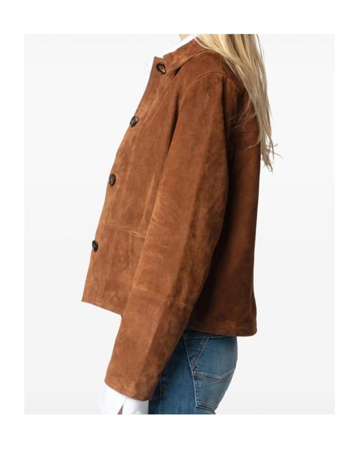 Zadig & Voltaire Brown Lapel Long Sleeve Leather Jacket