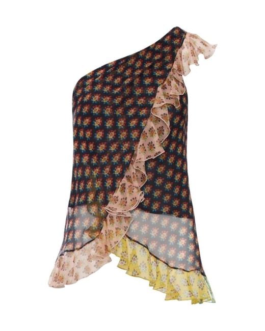 Etro Brown Asymmetric Floral Printed One-Shoulder Top