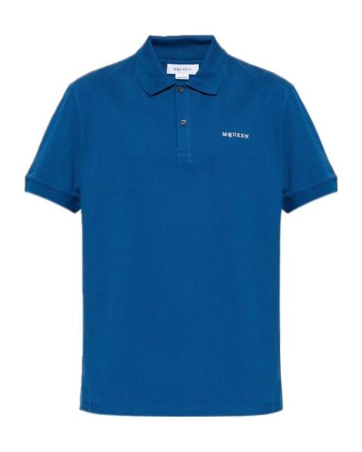 McQueen Blue Logo Embroidered Short-Sleeved Polo Shirt for men