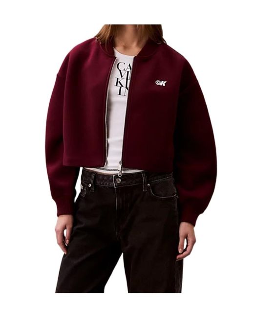 Calvin Klein Red Logo-Detail Balloon-Sleeve Bomber Jacket
