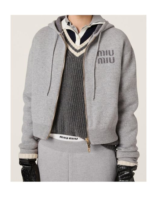 Miu Miu Gray Double Cashmere Zipper Hoodie Cardigan