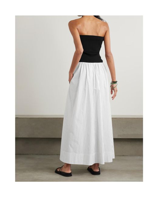 St. Agni White Strapless Jersey And Pinstriped Organic Cotton Maxi Dress