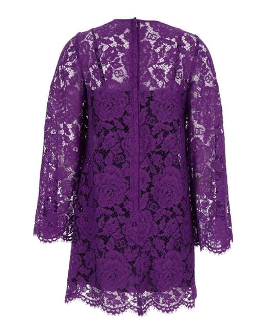 Dolce & Gabbana Purple Dress With Round Neck And All-Over Floral Embroidery