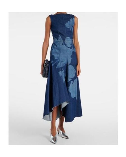 Erdem Blue Printed Denim Midi Dress