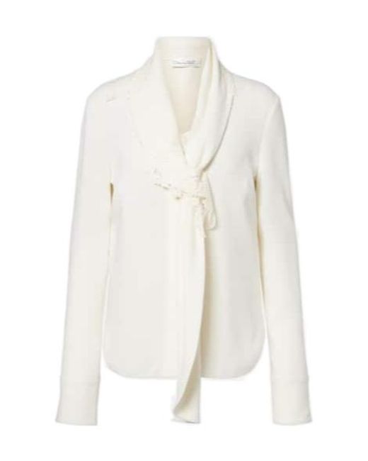 Oscar de la Renta White Lace-Trimmed Silk-Blend Georgette Blouse