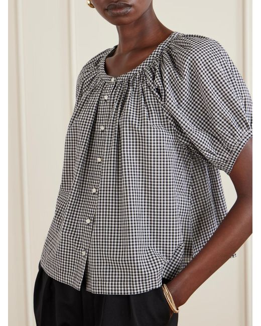 Doen Gray And- Gingham Puff-Sleeve Cotton Blouse