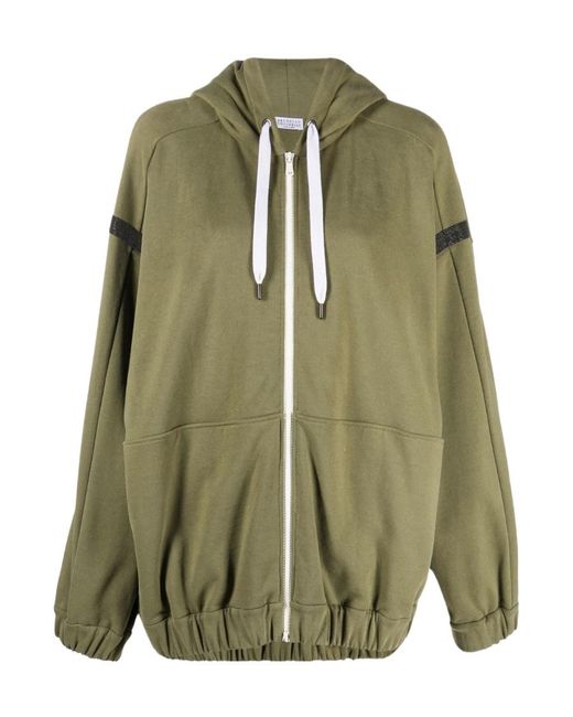 Brunello Cucinelli Green Monili-Embellished Zipped Hoodie