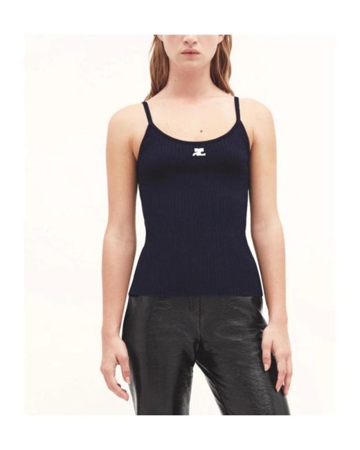 Courreges Blue Courrèges Logo Embroidered Ribbed Sleeveless Top