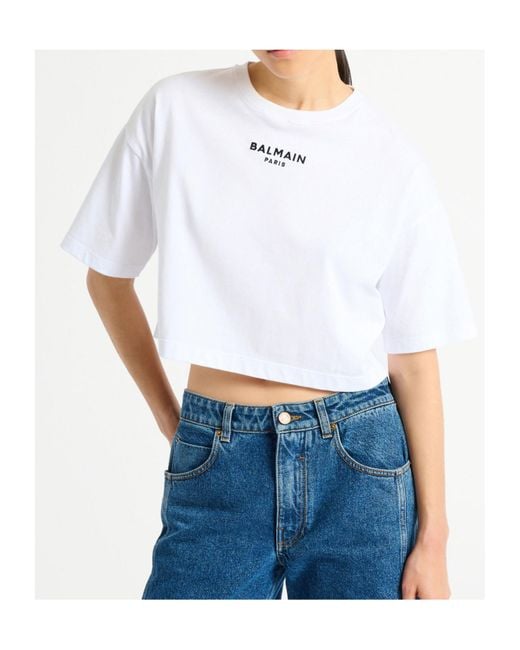 Balmain White Cropped Logo T-Shirt