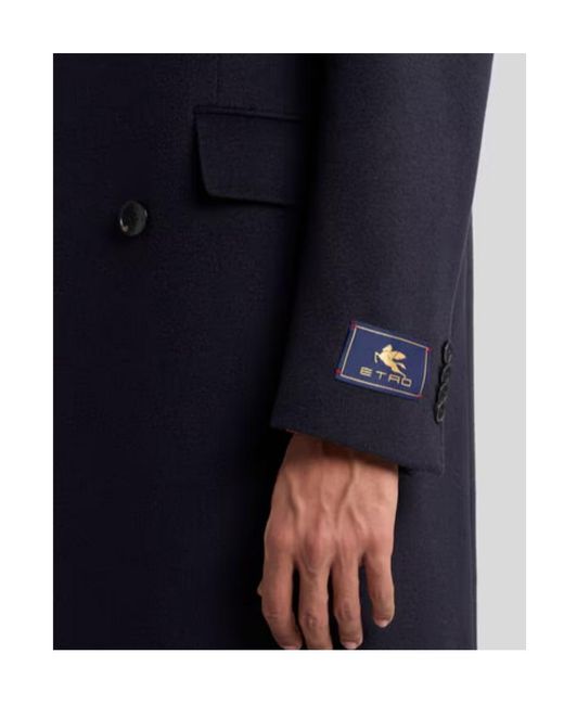 Etro Blue Double-Breasted Cashmere Coat for men