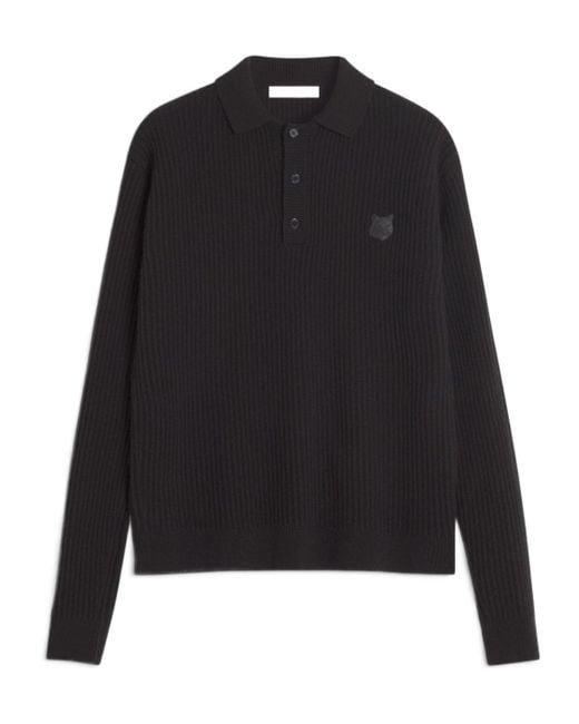 Maison Kitsuné Black Maison Kitsuné Fox Head Ribbed Polo Jumper for men