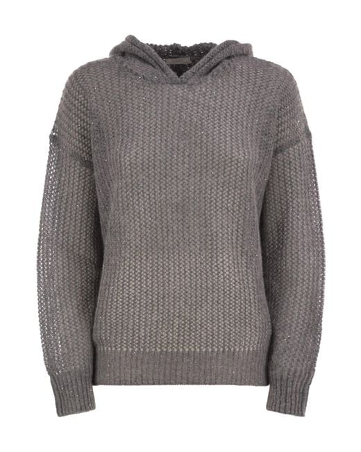 Peserico Gray Hooded Open-Knit Jumper With Sequins